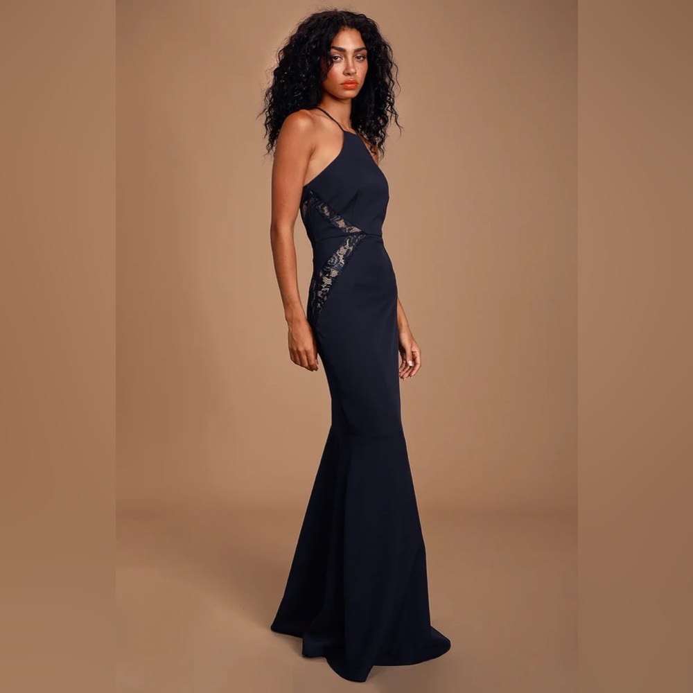 Giavanna Navy Blue Lace Mermaid Maxi Dress NWT